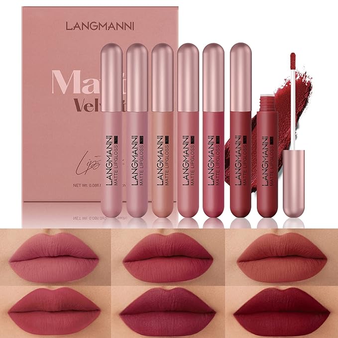 6 PCS Matte Liquid Lipstick Set, Velvet Muddy Burgundy