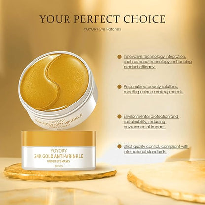 Under Eye Patches Masks - 24K Gold Eye Patch for Dark Circles & Puffy Eyesg,Fine Lines,Eye Bags Collagen Infused with Hyaluronic Acid Wrinkle Smoothing, Hydration & Firming Care (30 Pairs) Gold