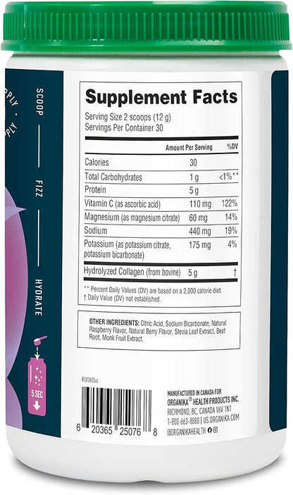 Organikа Electrolytes with Enhanced Collagen Powder for Women & Men - 360g - Wild Berry-Flavored Effervescent Electrolyte & Collagen Drink Mix - Deep Hydration, Mobility, Skin, Hair, & Nails