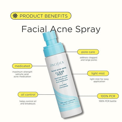 Pacifica Facial Spray for Acne Treatment - Clear Face Mist Acne Spray w/ 2% Salicylic Acid Niacinamide & Aloe - Acne Cleanser - Targets Bacteria for Teens & Adults Vegan Clean Dermatologist Tested