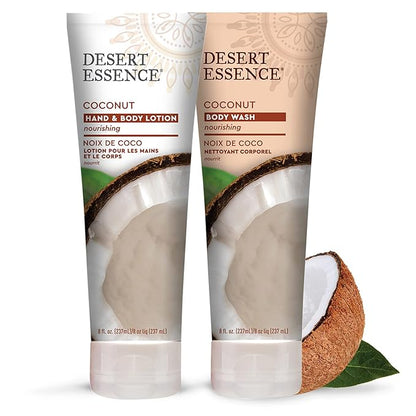 Desert Essence Coconut Hand & Body Lotion Nourishing Organic Coconut Oil, Hibiscus Flower Extract & Jojoba Oil - Softens & Moisturizes Skin - Vegan, Cruelty-Free, Sulfate-Free - 8oz (Pack of 2)