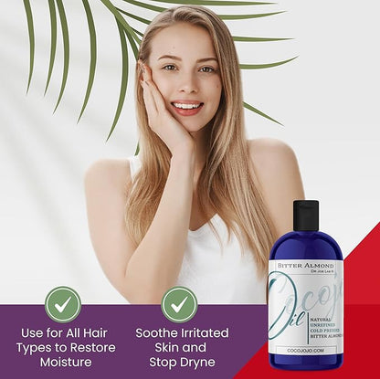 Dr Joe Lab Bitter Almond Oil - 16 oz - Pure, All Natural, Non GMO, Carrier Oil - for Skin, Hair, Body, Nails, Face, Arms & Legs - Hydrates, Nourishes, Moisturizes