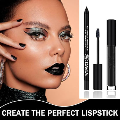 2Pcs Black Matte Lipstick and Lipliner Set,Velvet Liquid Gloss
