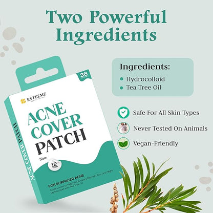 Advanced Invisible Pimple Patches For Face (36 Pack) - Hydrocolloid Patch with Tea Tree Oil - Vegan Friendly Hydrocolloid Acne Patches For Face and Skin - Pimple Patch Stickers - Acne Patch (12mm)