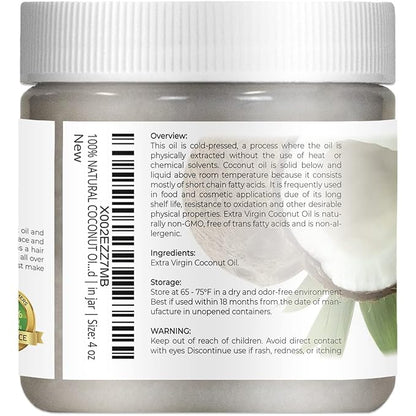 Velona USDA Certified Organic Coconut Oil Extra Virgin - 4 fl oz | Food and Cosmetic Grade | in jar | Extra Virgin, Cold Pressed
