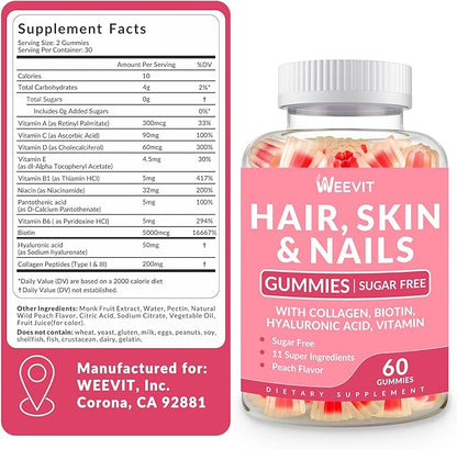 Hair Skin and Nails Gummies - Vegan Biotin 5000mcg Vitamins for Women & Men Supports Faster Hair Growth, Stronger Nails, Glowing Skin