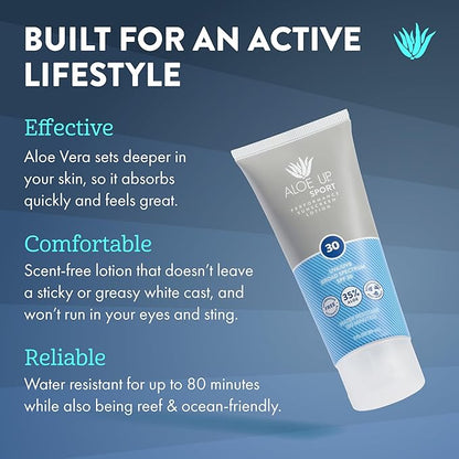 Aloe Up Sport Sunscreen Lotion SPF 30 - Broad Spectrum UVA/UVB Sunscreen Protector for Face and Body - With Hydrating Aloe Vera Gel - Non-Greasy - No White Cast - Reef Safe - Fragrance-Free - 3 Oz.