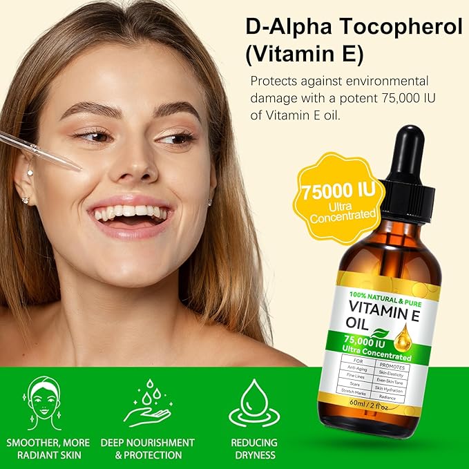Vitamin E Oil, 75000 IU Ultra Concentrated, 100% Natural Body Oil Moisturizing Dry Skin, Pure Vitamin E Oil for Skin, Scars, Face, Hair, Nails, Hexane-Free, Non-GMO, 2 Fl Oz