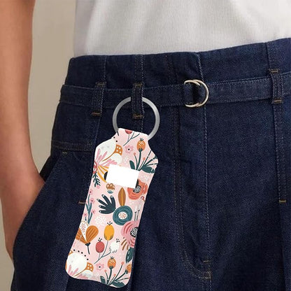 Pink Abstract Flowers Chapstick Holder Keychain, Portable Lip Gloss
