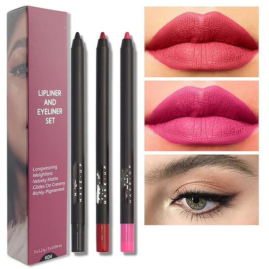 MAEPEOR Matte Lipliner and Eyeliner Kit 3 PCS Smoothly Creamy Lipliner and Eyeliner Pen Set for Daily Wear (3PCS Kit 4)