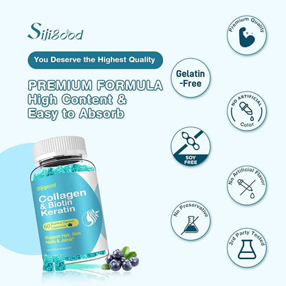 2 Pack Biotin Gummies with Collagen, Keratin, Hyaluronic Acid, Vitamin for Skin, Hair Growth, Nails, Women Men Adults Kids - Blueberry Flavored, 120 Gummies