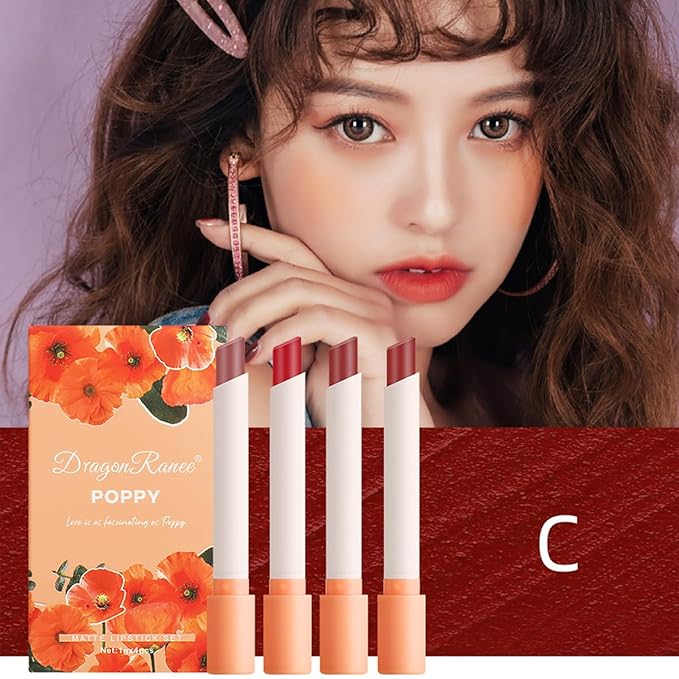 4 Colors Tube Cigarette Lipstick Set, Mate Velvet Lipstick Moisturizer & Smooth, Red Lip Stain Long Lasting 24 Hours Waterproof Lip Tinet (Set C)