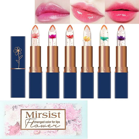 6 Pcs Crystal Flower Jelly Lipstick,Moisturizing Long Lasting Lipstick,Moisturizing
