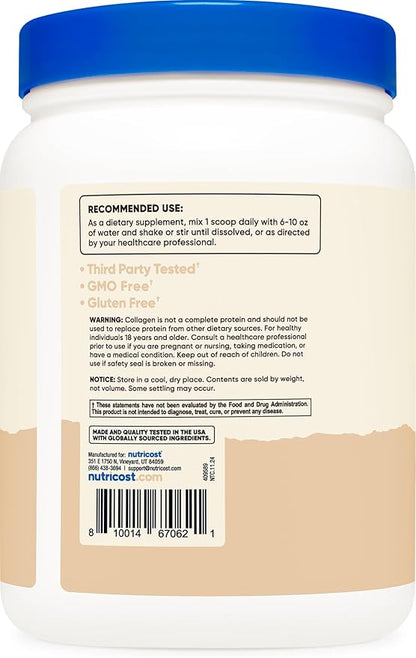 Nutricost Grass-Fed Collagen Powder 1LB (454 G) (Vanilla) - Grass Fed Bovine Collagen Hydrolysate - Collagen Peptides