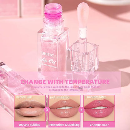2Pcs Magic Color Changing Lip Oil,Big Brush Hydrating Glimmer Lip Oil,Long Lasting Moisturizing Smooth Non-Sticky Lip Gloss Oil Lip Balm, Fresh Lip Oil Stain Girl's Lip Care