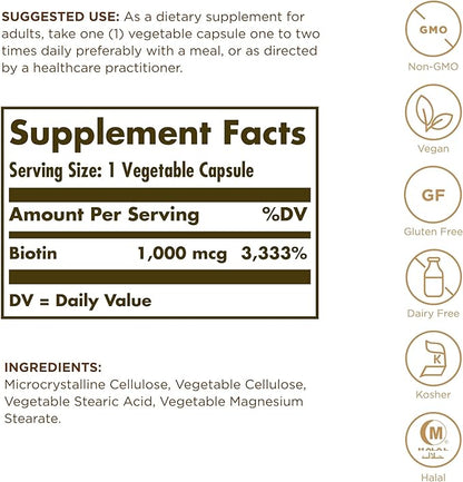 Solgar Biotin 1000 mcg - 100 Vegetable Capsules - Supports Healthy Skin, Nails & Hair - Non-GMO, Vegan, Gluten Free, Dairy Free, Kosher, Halal - 100 Servings