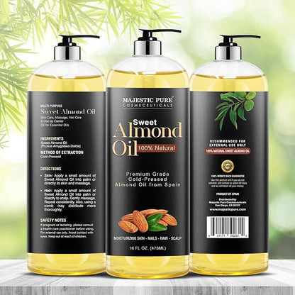 MAJESTIC PURE Sweet Almond Oil, Triple A Grade Quality, Pure and Natural from Spain, Cold Pressed, (Packaging May Vary) - 16 fl. Oz