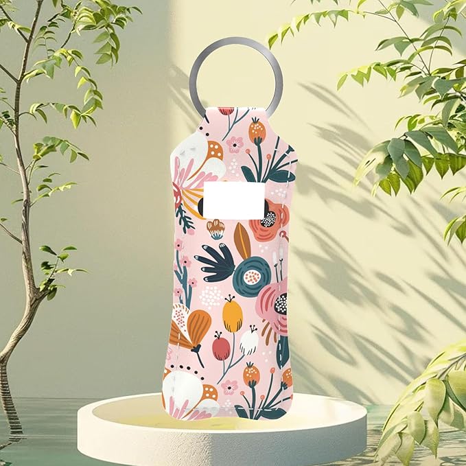 Pink Abstract Flowers Chapstick Holder Keychain, Portable Lip Gloss