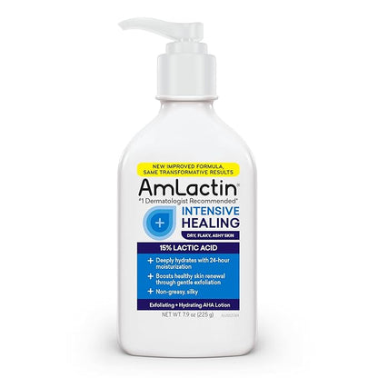 AmLactin Intensive Healing Body Lotion for Dry Skin, 7.9 oz Pump Bottle, 2-in-1 Exfoliator and Moisturizer with Ceramides and 15% Lactic Acid for 24-Hour Relief from Dry Skin (Packaging May Vary)