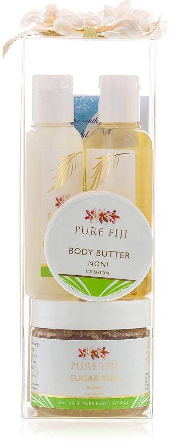 Pure Fiji Spa Gifts for Women and Man - Body Gift Box Include: Sugar Scrub, Bath and Body Oil, Body Butter and Body Lotion, Scent Noni