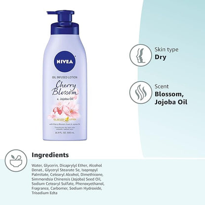 NIVEA Cherry Blossom and Jojoba Oil Infused Lotion, Moisturizing Body Lotion for Dry Skin, 16.9 Fl Oz Pump Bottle
