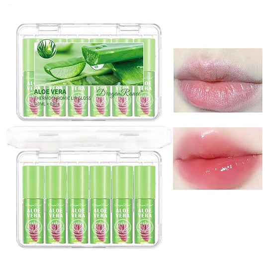 6Pcs Aloe Vera Lip Gloss,Color Changing Lip Gloss, Tinted Lip Oil High-Shine Clear Temperature Color Change Lip Stain, Glossier Lip Tint for Women Lip Care Prevents Dry Cracked Lips (Aloe Vera)