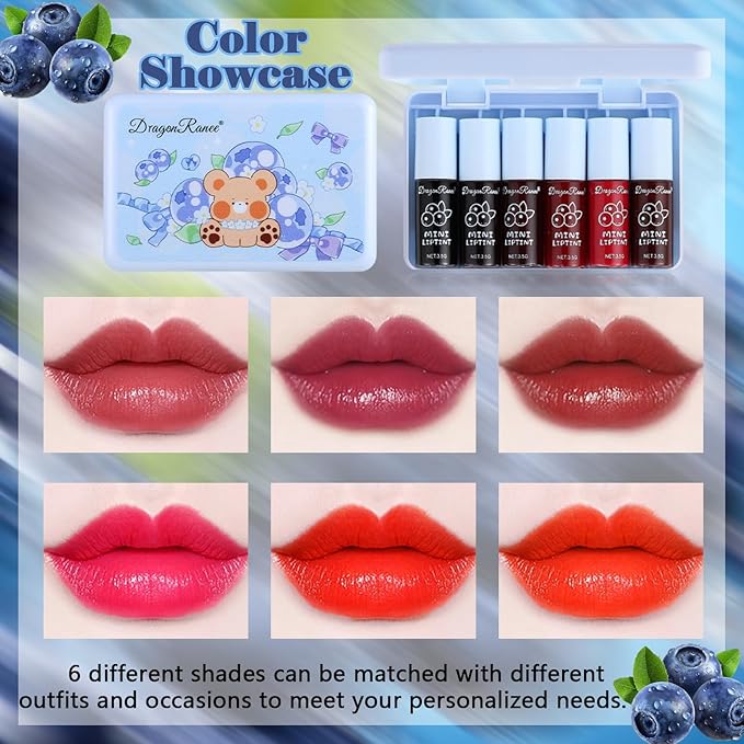 6 Colors Lip Tint Stain Set, Korean Lip Gloss Plumping Lip Tint Moisturizing Watery Mini Liquid Lipstick, Multi-use Lip and Cheek Tint, Long Lasting,Non-Stick Cup Lip Makeup