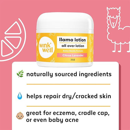 Wink Well Llama Baby Lotion, Gentle Body Care For Moisturizing And Calming Dry Skin For Babies, Kids And Adults, Free Of Parabens, Chemicals, Dyes And Fragrances (2 oz jar)