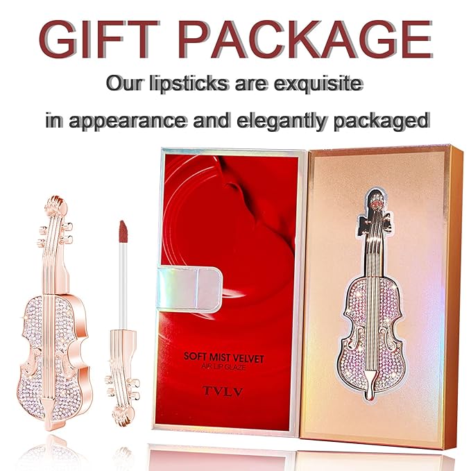 2Pcs Creamy Burnt Red Lipstick Set with Violin Package, Long Lasting Waterproof Velvet Retro Red Lip Gloss, Nice Package for Women Girls