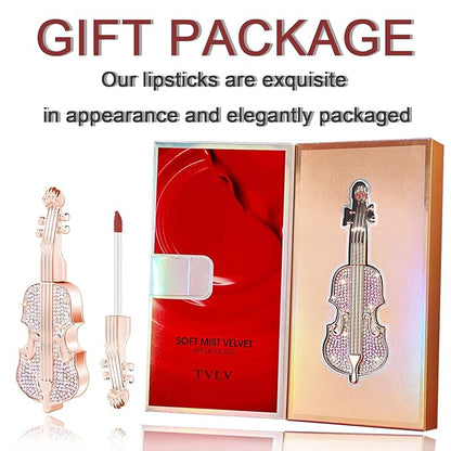 2Pcs Creamy Burnt Red Lipstick Set with Violin Package, Long Lasting Waterproof Velvet Retro Red Lip Gloss, Nice Package for Women Girls