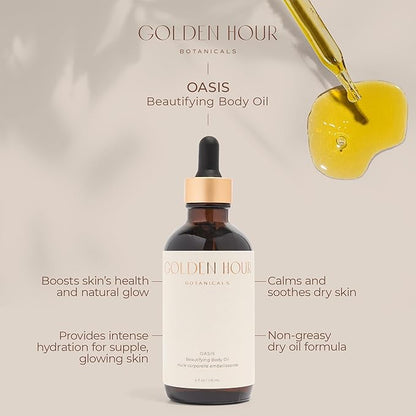 Organic Skin Care Products Made in USA, Vegan, Cruelty Free, Moisturizing + Hydrating Beautifying Body Oil with Rose Hip Oil, 4fl oz/118ml, Oasis