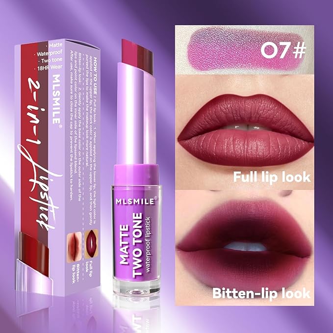 Pink Lip Gloss Two Tone Matte Lipstick, Long Lasting Moisturize Non-Sticky Bitten Lip-look Lip Makeup, Silk Finish Matte Lipstick, High Pigment 2 In1 Two-Tone Lip Waterproof Lipstick for Women (#07)