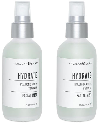 VALJEAN LABS Face Mist - Hydrate | Hyaluronic Acid + Vitamin B5 | Helps to Hydrate and Plump Skin and Restore Elasticity | Paraben Free, Cruelty Free, Made in USA (4 oz, 2 Pack)