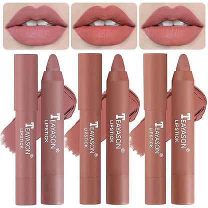 3 Colors Liquid Matte Lipstick Set, Velvet Air Moisture Smooth Crayon Nude Lipstick,Ultimate Nourishing Lipstick 24 Hour Long Lasting Waterproof Lip Gloss Lipstick for Women Makeu (Set E)