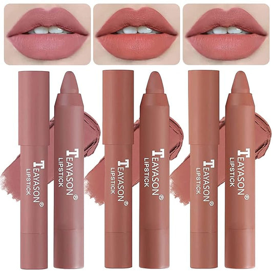 3 Colors Liquid Matte Lipstick Set, Velvet Air Moisture Smooth Crayon Nude Lipstick,Ultimate Nourishing Lipstick 24 Hour Long Lasting Waterproof Lip Gloss Lipstick for Women Makeu (Set E)