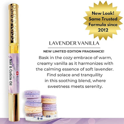 Bliss Kiss | 4 Lavender Vanilla | Oil Cuticle Pen w/Vitamin E & Jojoba⏤Nail Strengthener Nail Growth Serum for Brittle Peeling Breaking Thin Nails