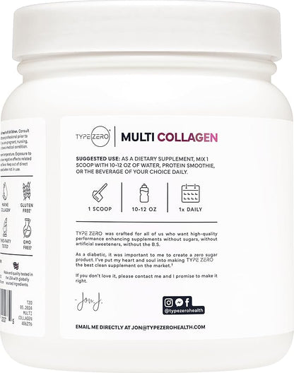 Type Zero Multi Collagen Powder 30 Servings (Unflavored) - Types I, II, III, V, & X Collagen Peptides + Hyaluronic Acid, VIT C, Biotin