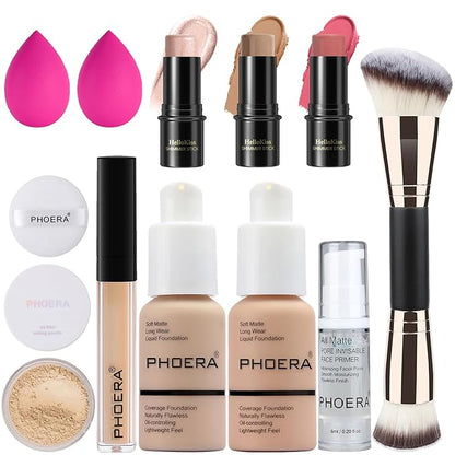 PHOERA Foundation,3 PCS Contour Stick Makeup Kit, Shades Warm peach+#03,#09,#12)