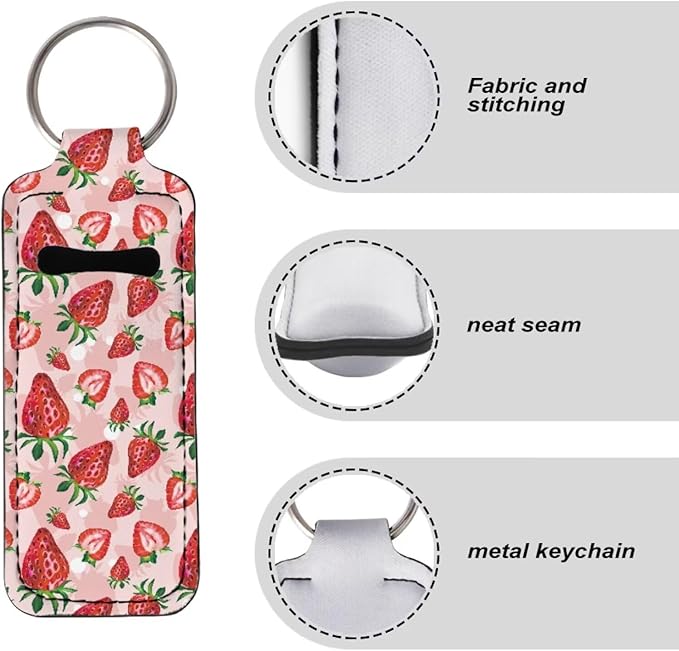 Horeset Pink Strawberry Print Chapstick Holder Keychain Lipstick, Lightweight