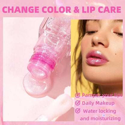 2Pcs Magic Color Changing Lip Oil,Big Brush Hydrating Glimmer Lip Oil,Long Lasting Moisturizing Smooth Non-Sticky Lip Gloss Oil Lip Balm, Fresh Lip Oil Stain Girl's Lip Care