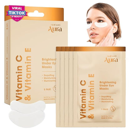 Under Eye Patches with Vitamin C & E - Dermatologist Tested Korean Eye Gel Patches for Puffy Eyes and Dark Circles - Hydrating Eye Gel Patches - Brightening Depuff Eye Patches - 5 Pairs