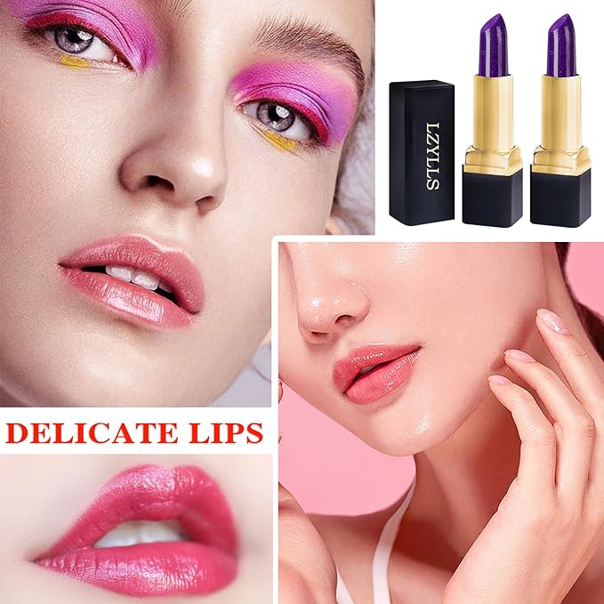 Color Changing Change Lipstick,Magic Lipstick Jelly Lip Balm,Moisturizer Tinted Lip Tint Stain Long Lasting Waterproof Temperature Color Change Lip Gloss