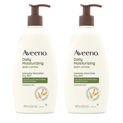 Aveeno Daily Moisturizing Body Lotion with Soothing Prebiotic Oat, Gentle Lotion Nourishes Dry Skin With Moisture, Paraben-, Dye- & Fragrance-Free, Non-Greasy & Non-Comedogenic, 18 oz, 2 Pack