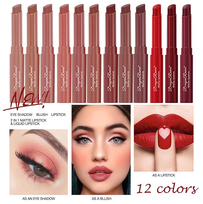 3 Colors Red Tube Lipstick, Cigarette Lipstick Set, Labiales Mate Velvet Lipstick Moisturizer & Smooth, Long Lasting 24 Hours Waterproof (Set B)