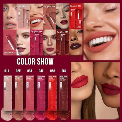 6 Colors Matte Liquid Lipstick Set, Velvet Smooth Gloss,