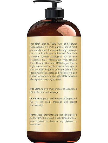 Handcraft Blends Grapeseed Oil - Cold-Pressed 16 Fl Oz - 100% Pure and Natural - Premium Grade Carrier Oil for Skin and Hair - Hair and Body - Massage - Hexane-Free