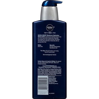 NIVEA MEN Maximum Hydration 48-Hour Moisture Body Lotion for Dry Skin, Aloe Vera Lotion for Men, 3-in-1 Body, Face and Hands, Dermatologically-Tested, 16.9 Fl Oz Bottle