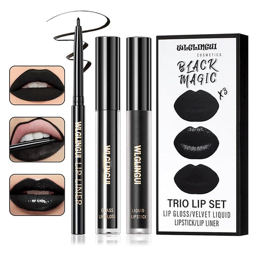 3Pcs Black Matte Liquid Lipstick and Lip Liner Long