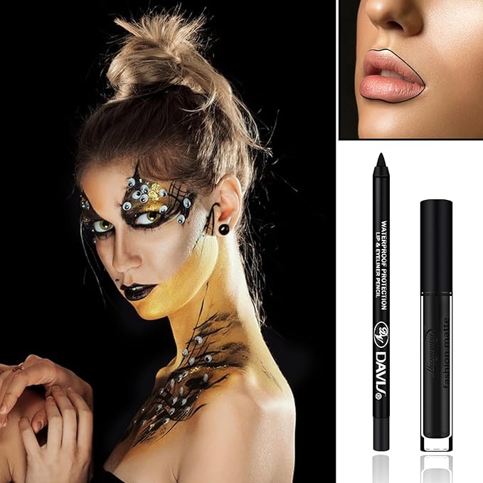 2Pcs Black Matte Lipstick and Lipliner Set,Velvet Liquid Gloss