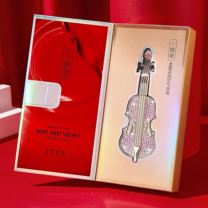 2Pcs Creamy Burnt Red Lipstick Set with Violin Package, Long Lasting Waterproof Velvet Retro Red Lip Gloss, Nice Package for Women Girls